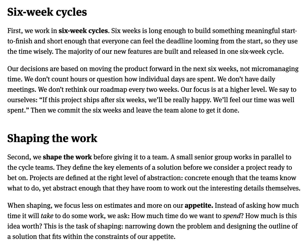 12. ShapeUp by  @rjs and  @basecamp use the healthy forcing function of a 6 week "sprint" ... with very frequent integration, and a 3d "show something" forcing function ... to hand teams ~C level work (to the first tweet).Works for them. Some might find that too prescriptive.