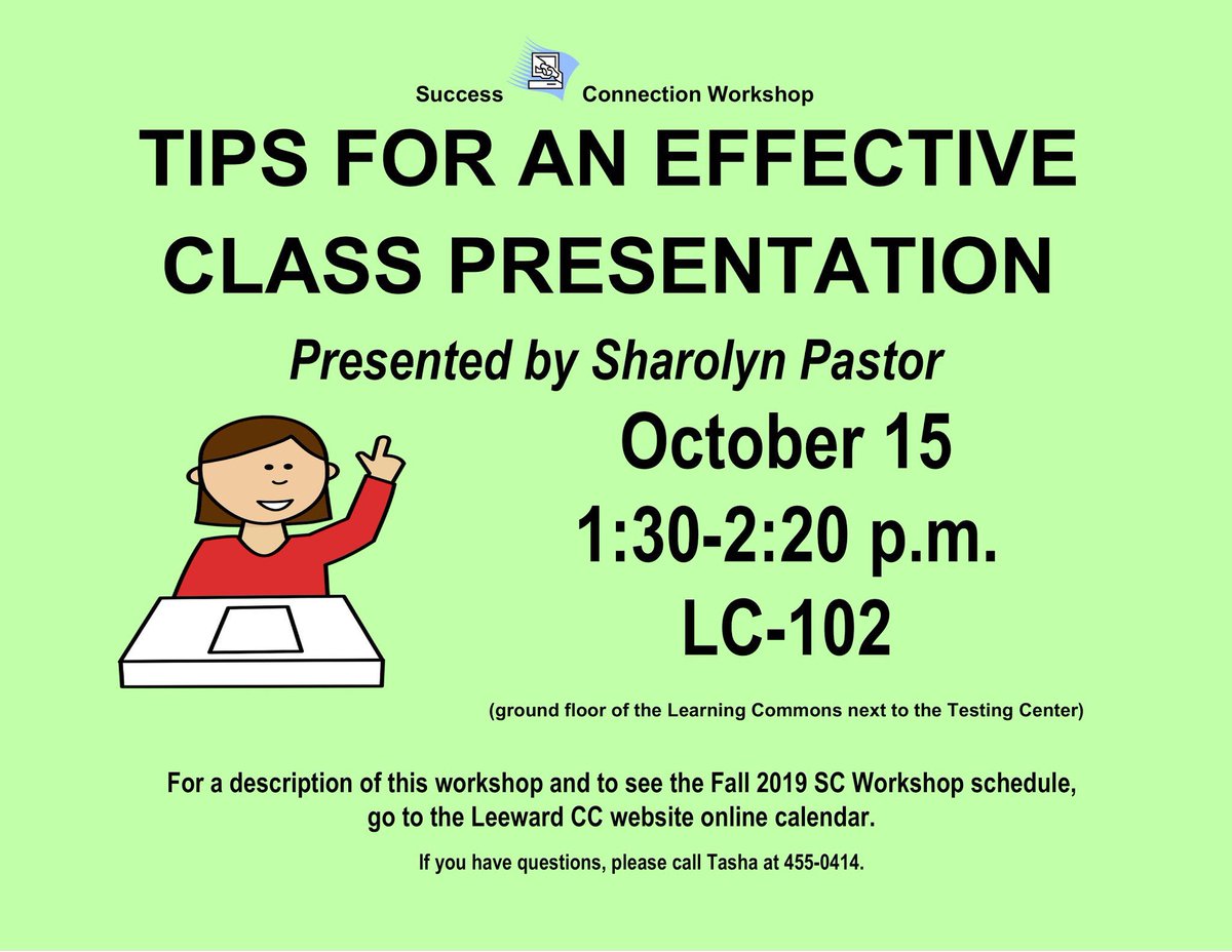 wcleeward's tweet photo. Hey LCC! Here are the Success Connection Workshops for next week on Tuesday and Wednesday: “Tips for an Effective Class Presentation”, and “Climate Change”. They are located in
LC102 from 1:30-2:20pm. We look forward to seeing you!
#leewardcc #writingcenter #scworkshop https://t.co/cqBy1dqjK6