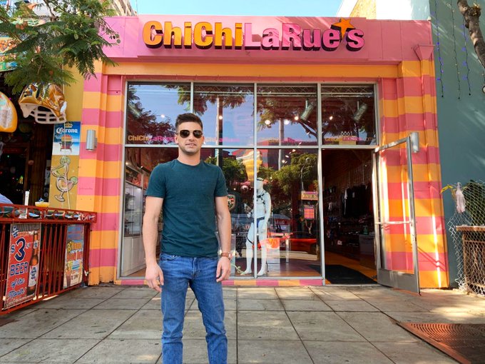 Iconic picture in WeHo in front of @djchichilarue temple of pleasure🤤😈 #gayculture #pornlife #chichilarue