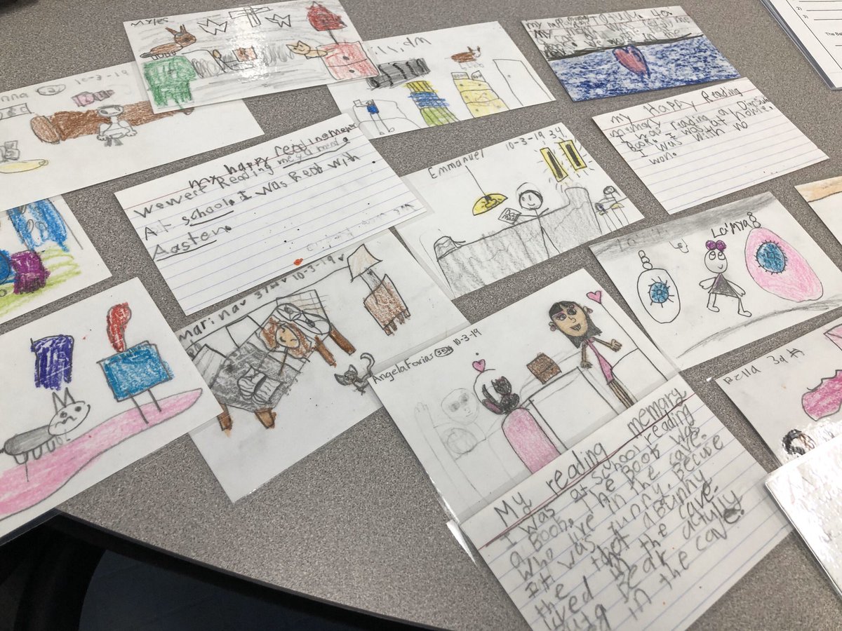Matzke_MsNguyen's tweet photo. Our laminated “happy reading memory” bookmarks! We thought back to a time when we really enjoyed being a reader— maybe because our book was awesome or we felt really comfortable. Now we can think back to this memory any time we read and feel at ease ❤️ #MatzkeProud https://t.co/CdeLhiuBFg