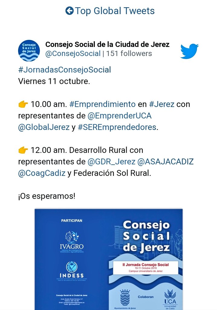 lola_rueda's tweet photo. Gran impacto de las #JornadasConsejoSocial organizadas por @ConsejoSocial #Jerez con la colaboración de @ciudadjerez y @univcadiz.
#TopGlobalTweets
#Trendsmap
@AAFFCadiz @FAECTA_ @CoagCadiz @iagronomos @UGTCadiz @CaritasJerez @Accem_ong @MilaDazGarca1 @Su8Dominguez https://t.co/Ku2tNTgWhs
