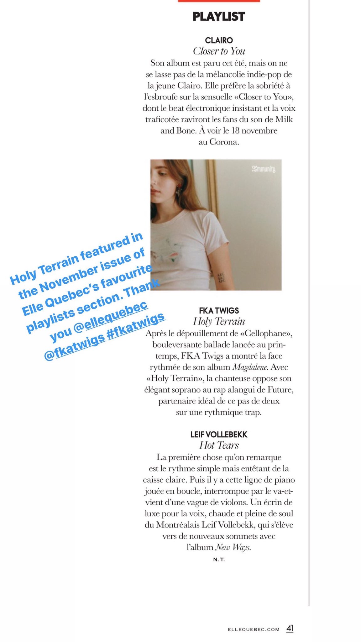 Twigsmami Fan Holy Terrain Featured In The November Issue Of Elle Quebec S Favourite Playlists Section Thank You Ellequebec Magdalene S New Release Date Is 8 November 19 Fkatwigs Fkatwigs