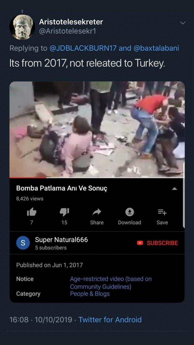 Even though all the footage that‘s been spread is proven to be fake people keep spreading it? Using old and no context footage, writing turkey did that is so fucking easy and y’all fall for it. PKK bombed a village, spread videos and said turkey did that. Y’all fell for that too.