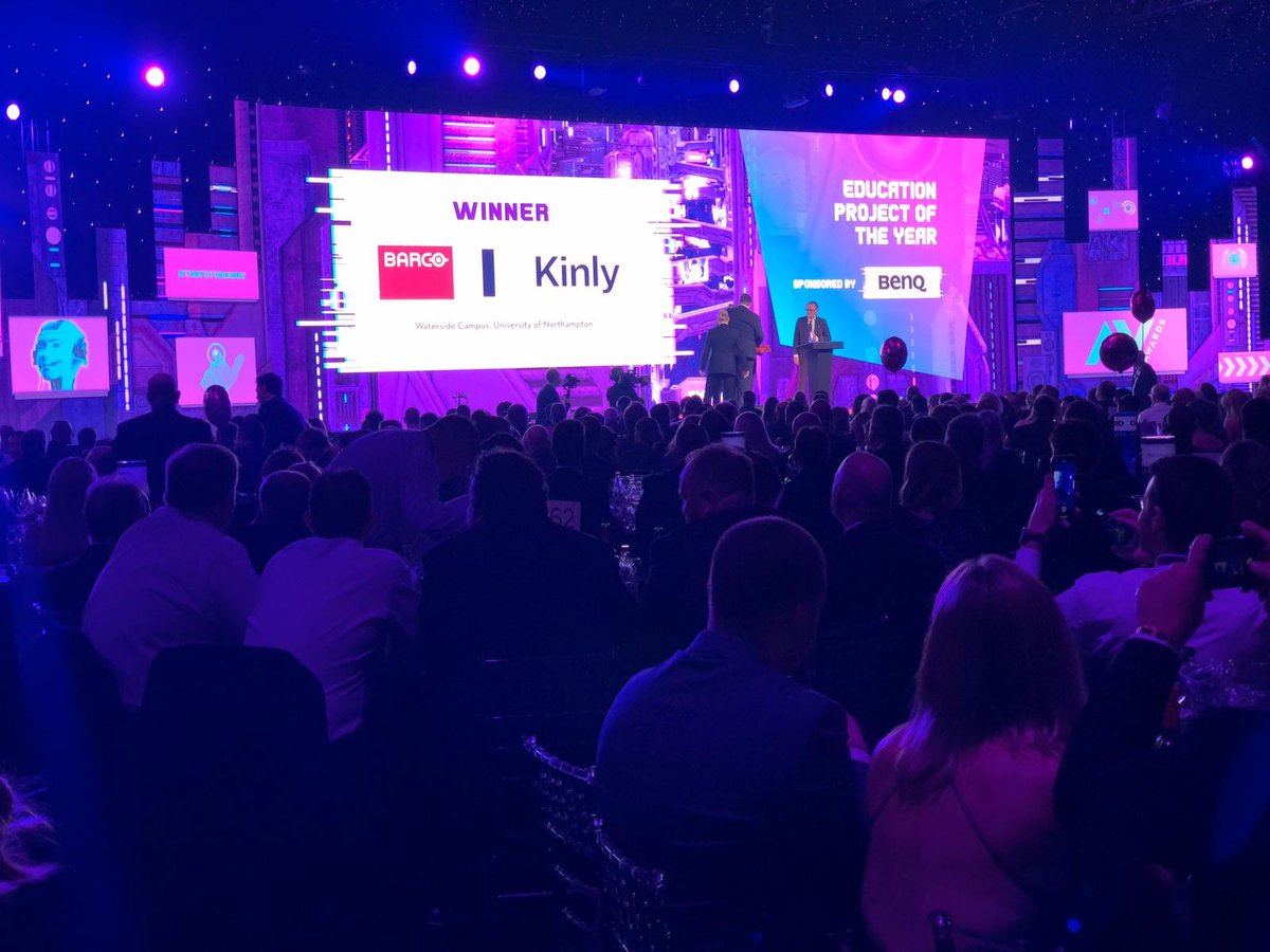 Barco's tweet photo. So happy to be the winner of the #AVAwards Education Project of the Year with  #weConnect and #Overture at the University of Northampton! 🥳 Also big congrats to our partner @wearekinly! 👏🏻@UniNorthants @Avmag #avtweeps https://t.co/5EX3gfcGhp