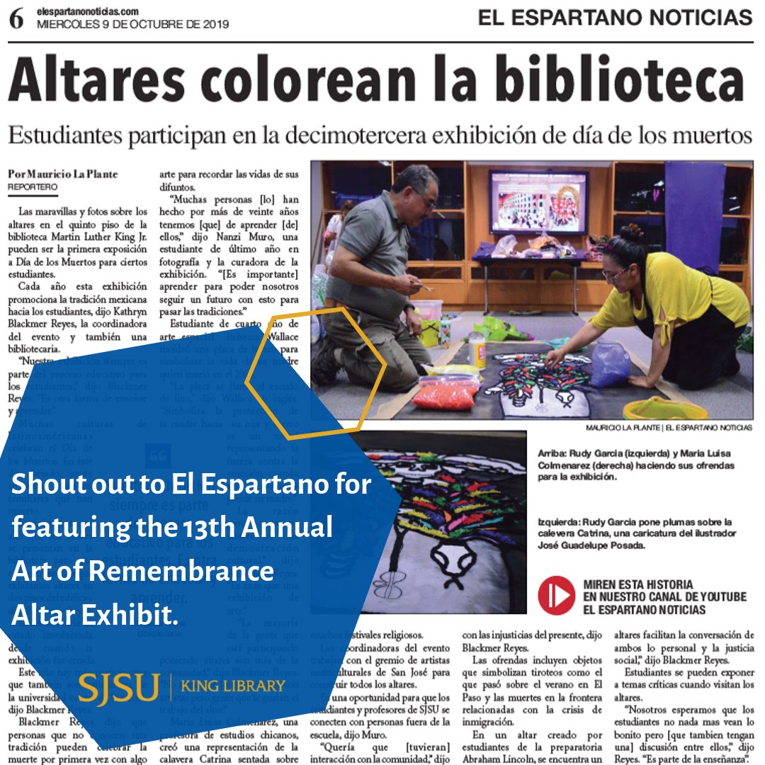 Shout to <a href="/elespartanosjsu/">El Espartano SJSU</a> for featuring the 13th Annual #ArtofRemembrance Altar Exhibit. You can support programs and exhibits like this one by donating to $50K and Beyond at power.sjsu.edu/project/16867. #sjsulibrary #AAACNA #50KnBeyond #crowdfunding #sjsu <a href="/SpartanDaily/">The Spartan Daily</a> <a href="/JmcSpartans/">JMCSpartans</a>