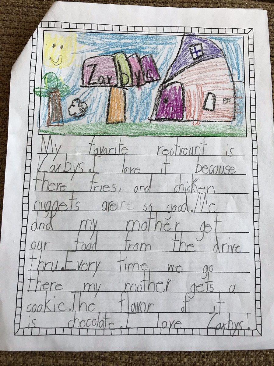 RGShumans's tweet photo. My 6 year old daughter really loves Zaxby’s! She wrote all about it at school. And as you read I really love their cookies!!! @Zaxbys https://t.co/5gibFg1fd5