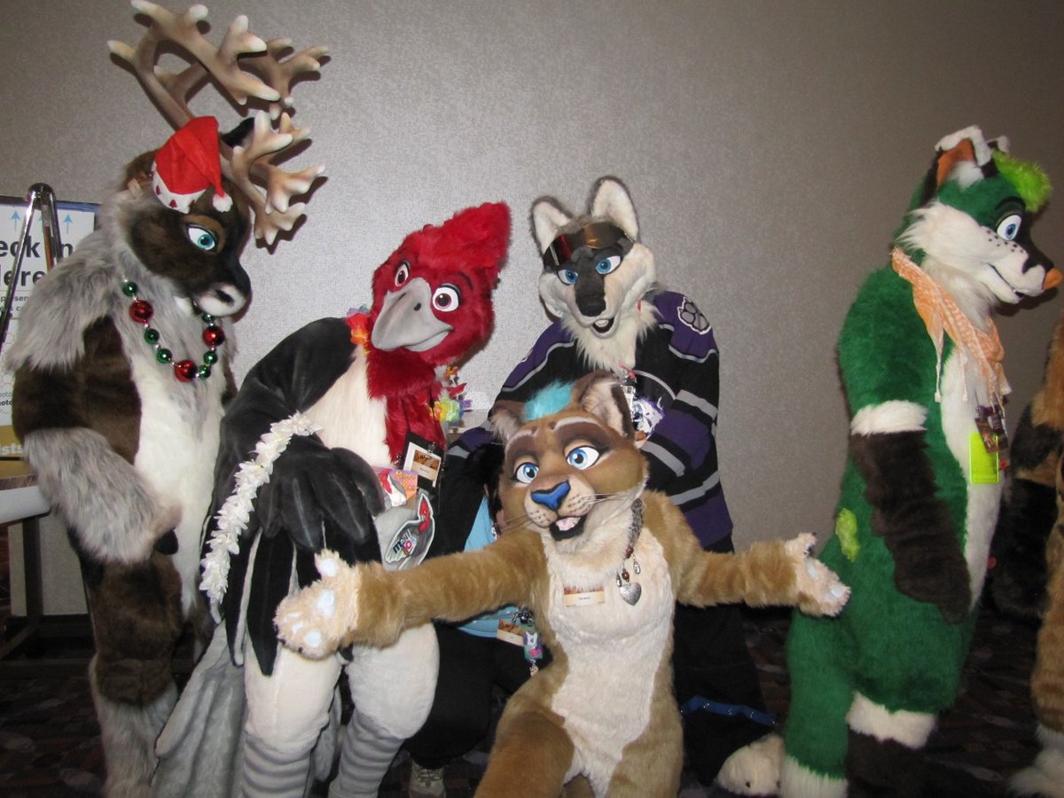 Sarakazi's tweet image. Gonna throw back to #MFF2013 for this #FursuitFriday. Hanging out with the @FurrHappens crew. Miss you guys! @Manu_Koa @EMTShibe @mr_lean @Silverhusky