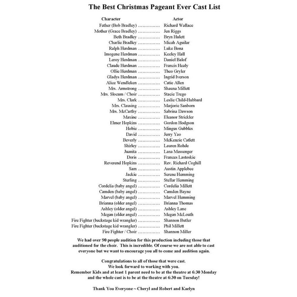 LittleTheatreWW's tweet photo. We are proud to announce the cast for "The Best Christmas Pageant Ever." Thank you to everyone who auditioned, we have a lot of amazing talent in this community!

#LittleTheatreWW #WallaWalla https://t.co/DBTH1rhIGP
