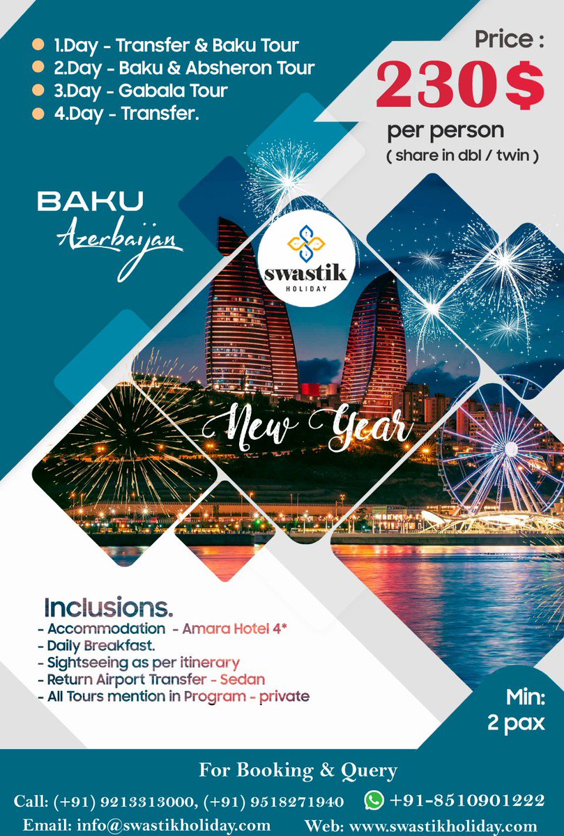 4 days #Package to #Baku - #Azerbaijan, The largest city on the #CaspianSea and of the #CaucasusRegion.
For Tour details call/whatsapp on +91-8510901222, +91-9518271940, +91-9213313000.
you can also visit us on swastikholiday.com