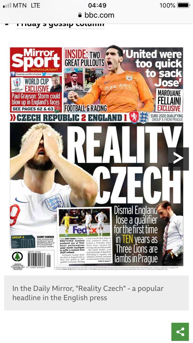ABKwaku's tweet photo. One football match result, one sports news headline by almost all English media houses! Now, that’s creative! #RealityCzech https://t.co/9jQawWnfnv