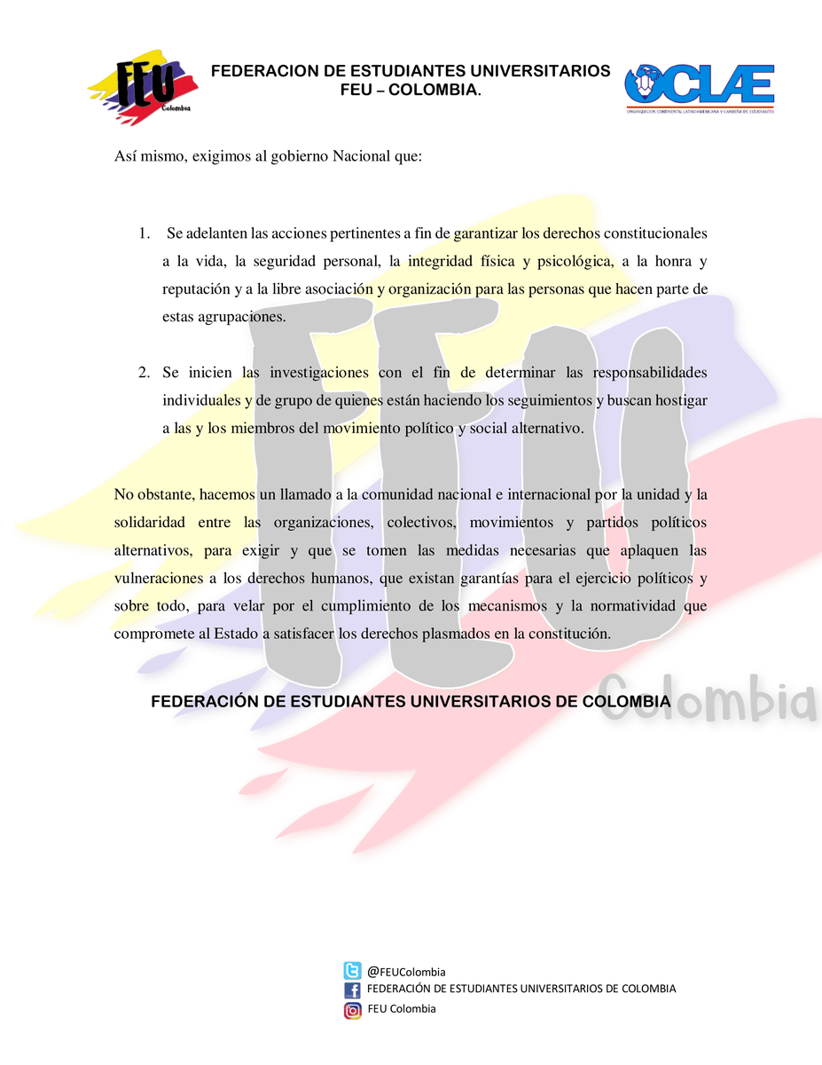 FEUColombia's tweet photo. COMUNICADO A LA OPINIÓN PÚBLICA

La @FEUColombia rechaza la estigmatización, persecusión y el ataque a las organizaciones y partidos políticos.

#FEUColombia #EscuelaDeLaEsperanza #VivaLaFEU https://t.co/aDsCBuT2Tu
