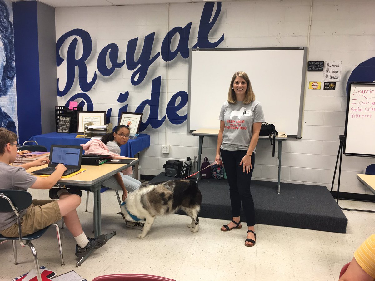 mcmsjwhitehead's tweet photo. Achievers in Mrs. Whitehead’s Social Studies class enjoyed a visit from Mrs. Julie Moore and her therapy dog, Sunny! @juliemooreKY https://t.co/Idg9mY0MKA