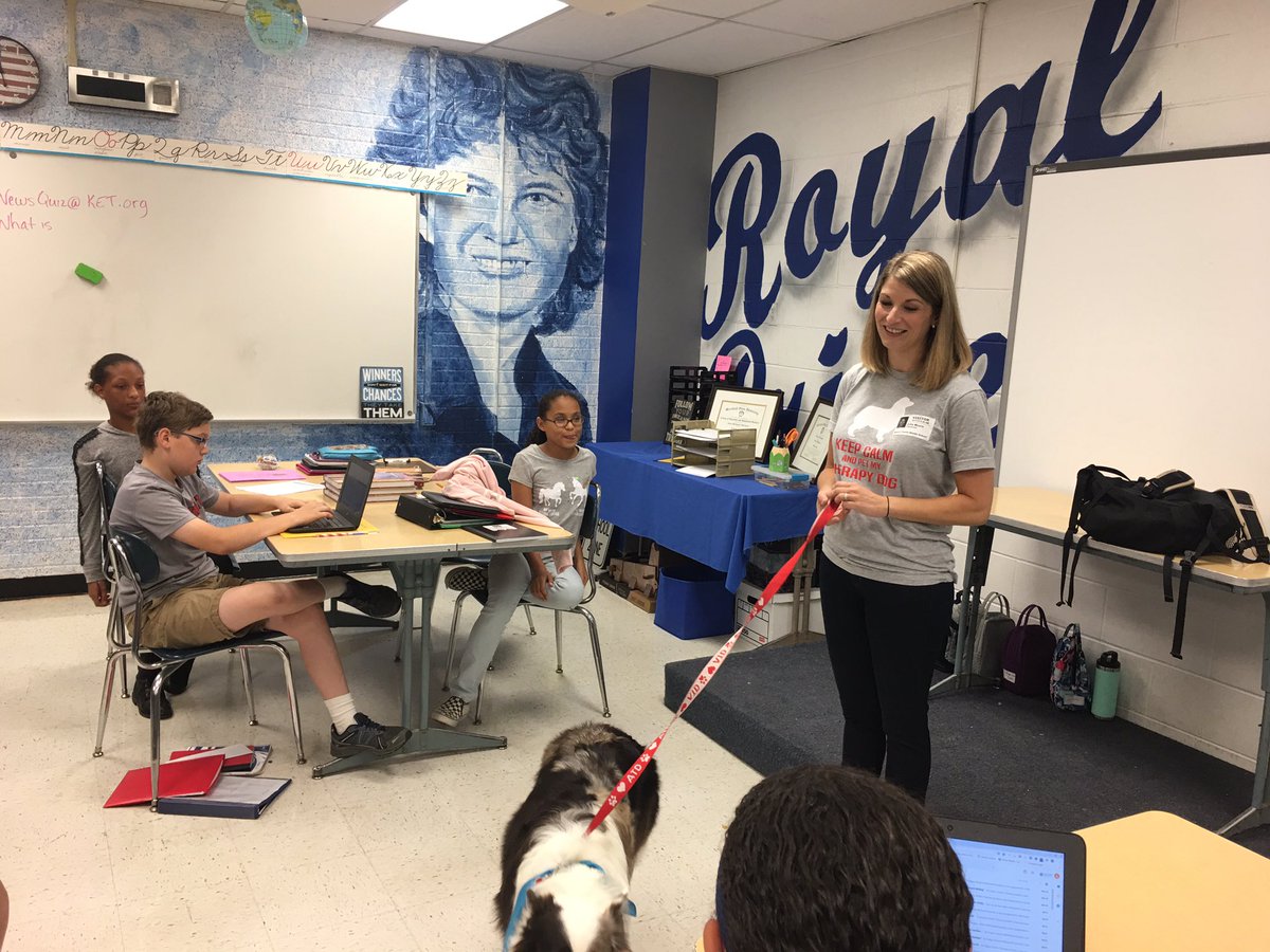 mcmsjwhitehead's tweet photo. Achievers in Mrs. Whitehead’s Social Studies class enjoyed a visit from Mrs. Julie Moore and her therapy dog, Sunny! @juliemooreKY https://t.co/Idg9mY0MKA