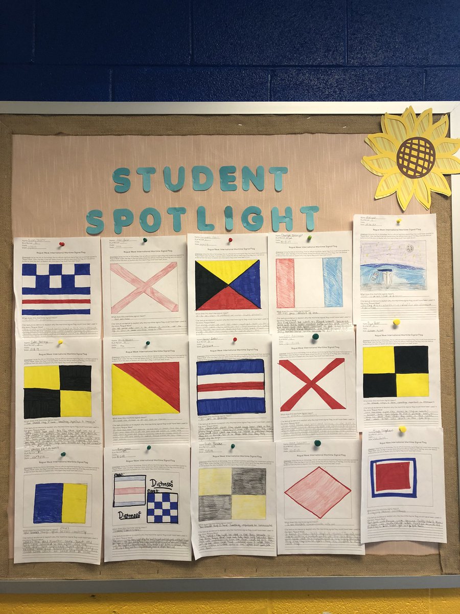 holtz_ap's tweet photo. Students cited textual evidence from the story “Rogue Wave” to support how different nautical signal flags could’ve been used by the main characters. Here are some exemplars! #ela #collections #citingevidence https://t.co/atvyOpckwM