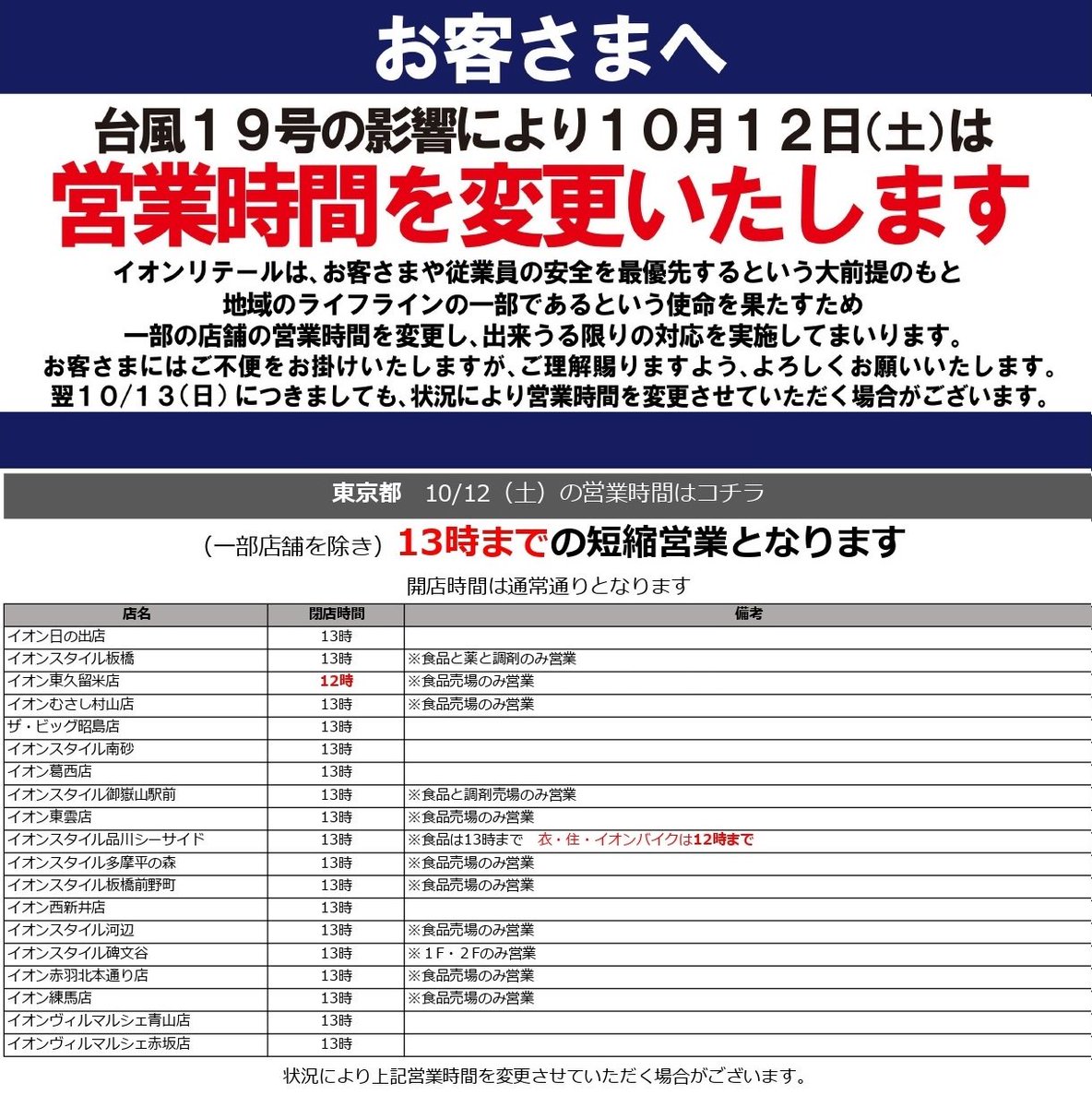 Ichikawa Tamotsu A Twitter イオン リテールさんでは お客さまや従業員の安全を最優先するという大前提のもと 地域のライフラインの一部であるという使命を果たすため イオンさん イオン スタイルさんの一部店舗の営業時間を変更し 出来る限りの対応を実施されます