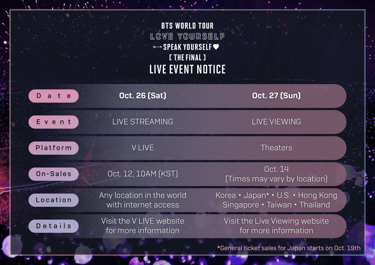 [💜]

BTS WORLD TOUR 
LOVE YOURSELF • SPEAK YOURSELF THE FINAL

Event nya ada 2

1. Live streaming di vlive+ tanggal 26 oktober pukul 16.30 Wib | 18.30 kst

( @armyteamADM akan live lagi )

2. Live streaming di bioskop tanggal 27 oktober pukulnya sama, tapi di negara tertentu+