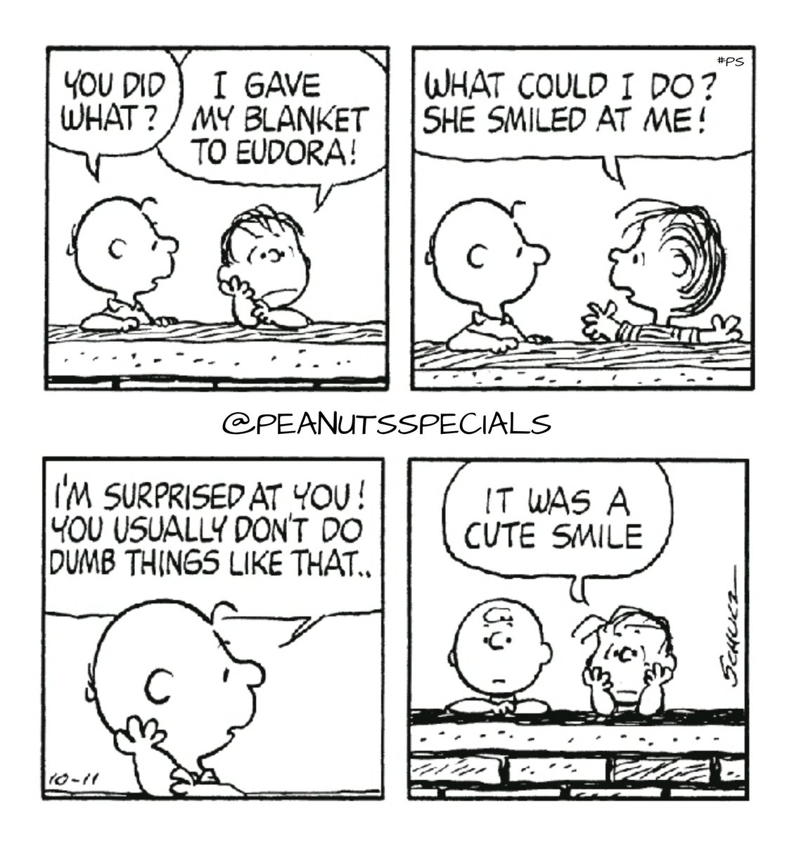 First Appearance: October 11, 1978
#peanutsspecials #ps #pnts #schulz #charliebrown #linusvanpelt #gave #blanket #eudora #she #smiled #surprised #usually #dumb #things #cutesmile