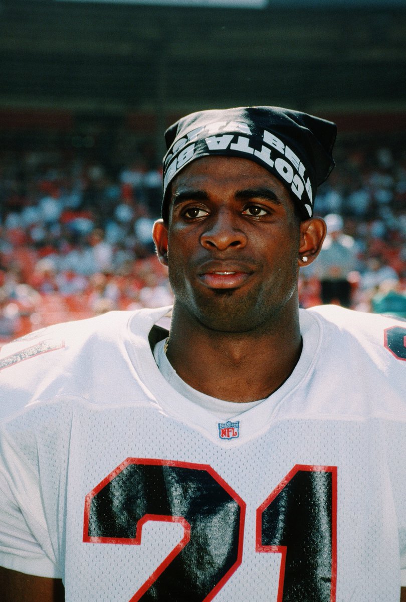 brgridiron's tweet photo. 27 years ago today, @DeionSanders suited up for two pro teams.

▫️ Flew into Florida at 4 a.m. from Braves game

▫️ Only missed one snap vs. Dolphins

▫️ Got an IV and flew to Pittsburgh vs. Pirates

▫️ Arrived 17 mins before game time

▫️ Bobby Cox wouldn’t play him

Only Prime. https://t.co/aigJ6xCusA