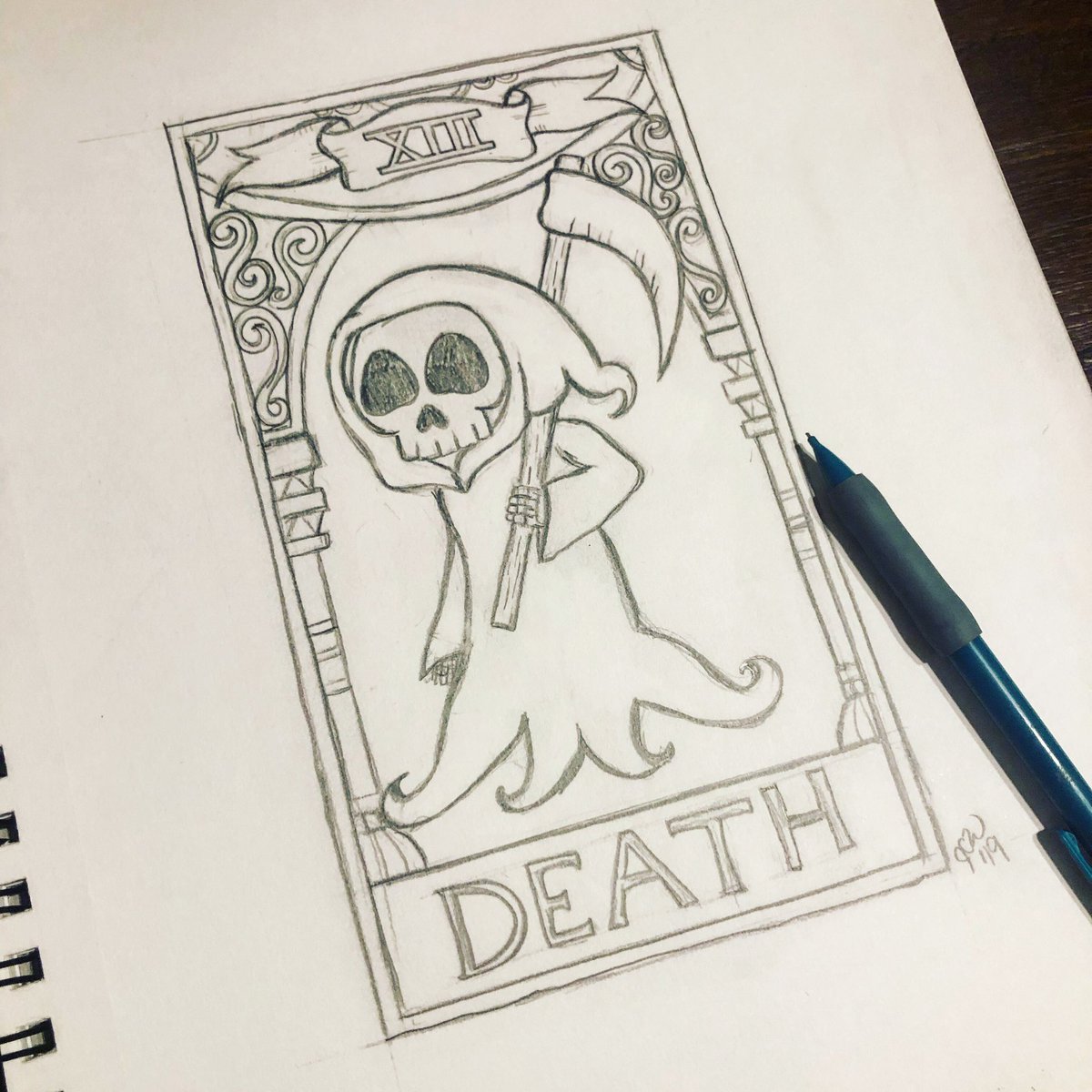 Roots_Of_Design's tweet photo. Day 11 of #Drawlloween. The word prompt today was tarot, so I made the death card. #drawlloween2019 #grimReaper #grimreaperdrawing #tarot #tarotdrawing #tarotCard #deathCard #deathTarotCard #mabsdrawlloweenclub #mabsdrawlloweenclub2019 #pencilArt #creepyCute #pencildrawing https://t.co/XEf4YinlAe