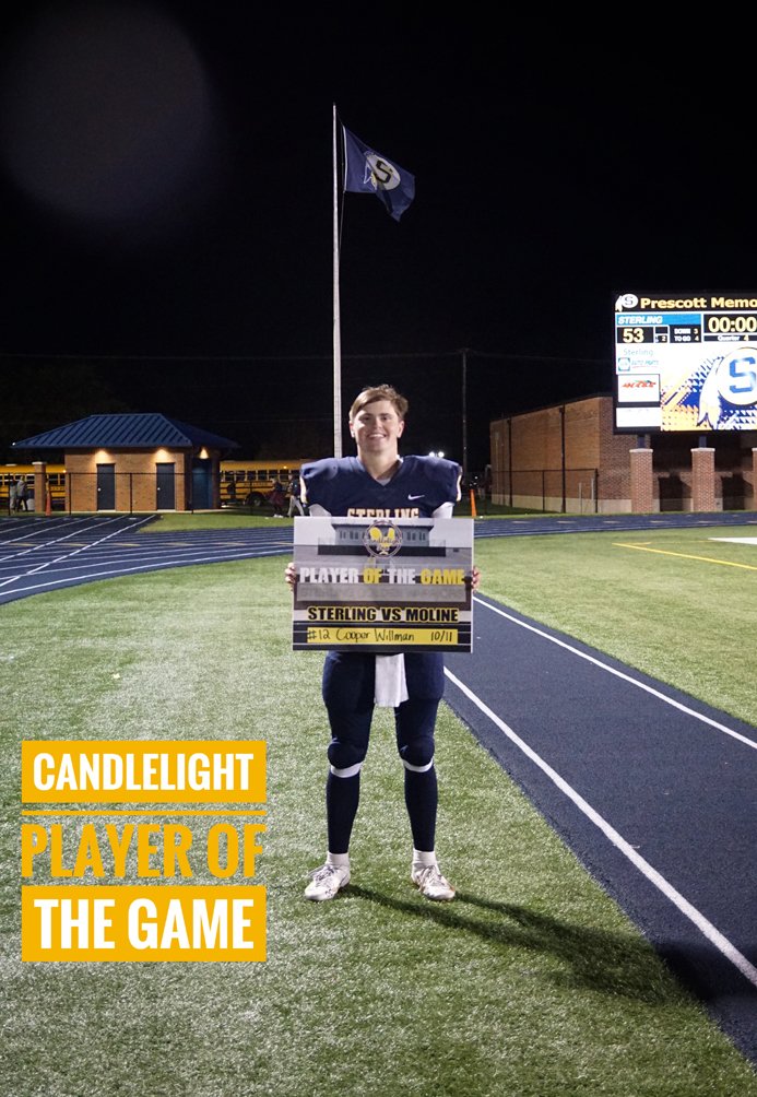 shs_gldnwarrior's tweet photo. Cooper Willman with 304 yards of total offense (157 rushing, 147 passing) earns #CandlelightPOG honors for Sterling's 53-26 WB6 win over Moline. Congrats!
#GoCooper #GoWarriors https://t.co/F3ZmAaU6Cd