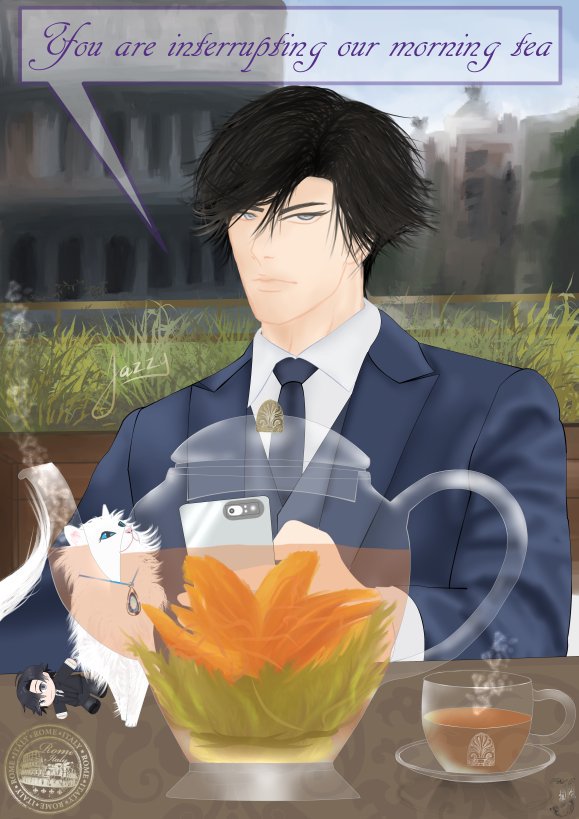 Jazzybz's tweet photo. Jumin Week
Day 7: Any
--
It started as my first test doodle on iPad.  I liked his face and said "Hey do you know what we need?...a teapot, Elizabeth, Rome, rooftop restaurant &amp; Colosseum in the bg".
@JuminWeek2019 
#juminhan #mysticmessenger #수상한메신저 #juminweek2019 #한주민 https://t.co/gugTVOwQRe