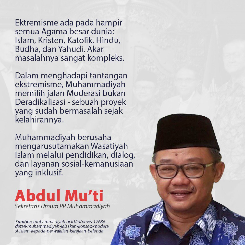 Abe_Mukti's tweet photo. Dalam menghadapi tantangan ekstremisme, Muhammadiyah memilih jalan Moderasi, bukan Deradikalisasi - sebuah proyek yang sudah bermasalah sejak kelahirannya.

https://t.co/hUbZ1sm0a7 https://t.co/MFJCVlvD2l
