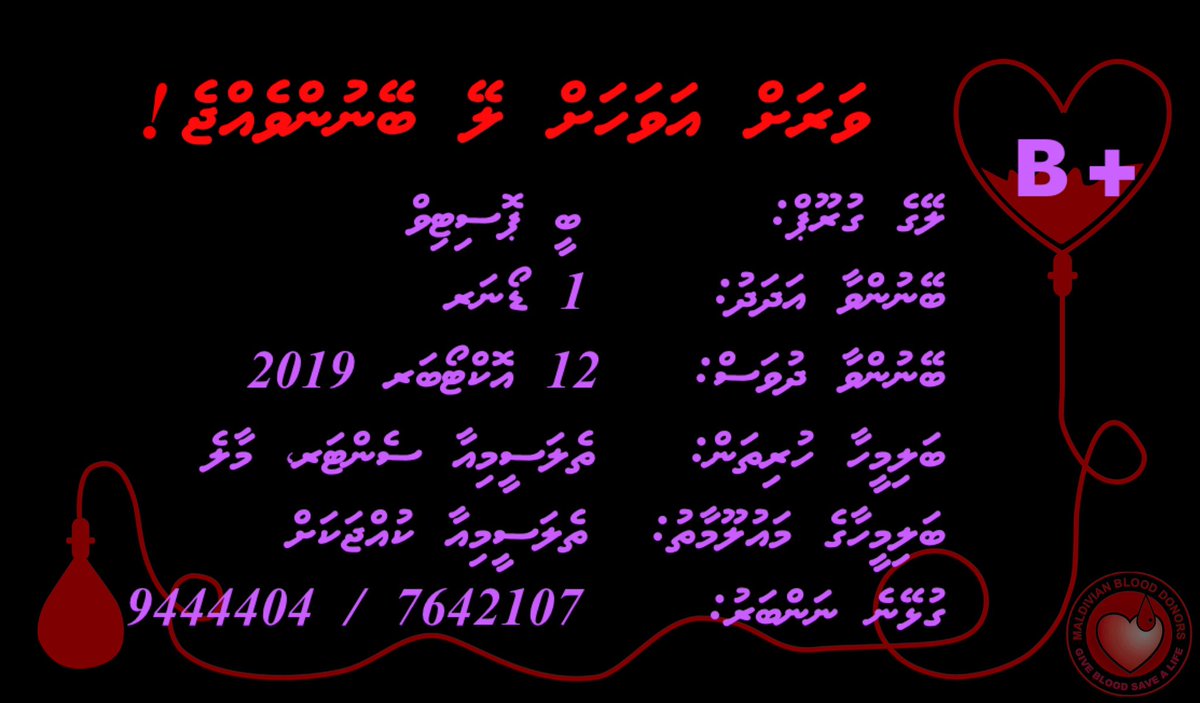 B positive blood urgently needed for a thalassemia patient at Male’. Please contact 9444404 / 7642107
