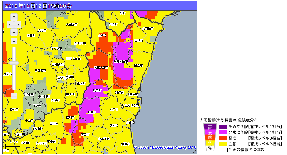 【茨城県各地で大雨】
特に土砂災害の危険度が高まっているのが、薄紫色の常陸大宮市、常陸太田市、高萩市、日立市
笠間市、城里町、石岡市、桜川市。

崖の近くにお住いの方は、崖から離れた部屋に移動して
！

崖の近くの部屋にいた人と、離れた部屋にいた人とでは、生存率が全然違う。
#台風19号