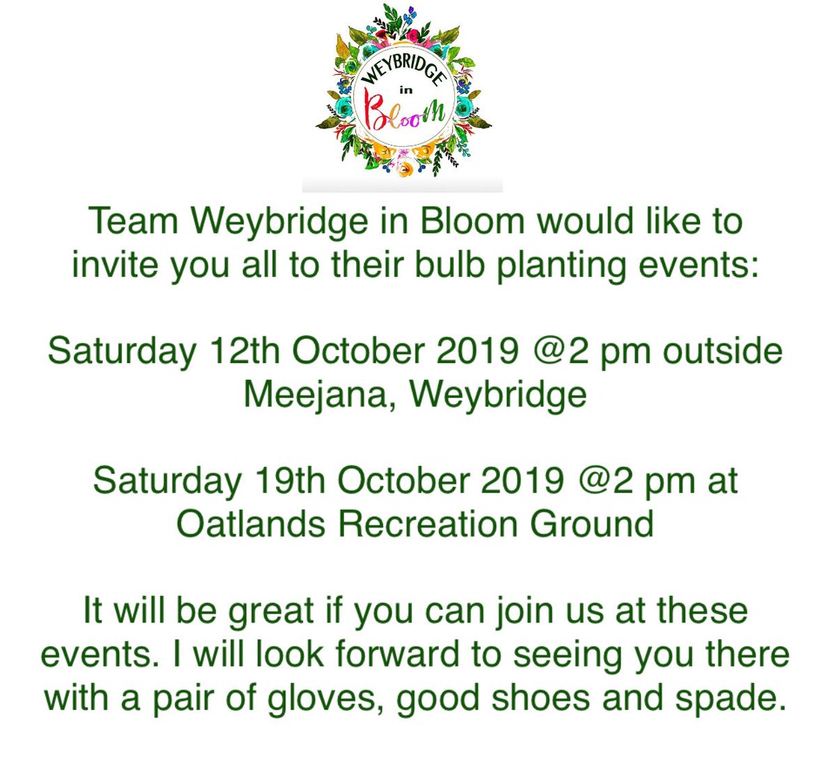 Join team <a href="/WeybridgeBloom/">WeybridgeinBloom</a> for bulb planting on 
Saturday 12th October at 2pm for bulb planting outside Meejana, Weybridge.

And on Saturday 19th October <a href="/2pm/">Two O'clock</a> at Oatlands recreation Ground.

For more information visit our webpage 
allaboutweybridge.co.uk/invitation-to-…