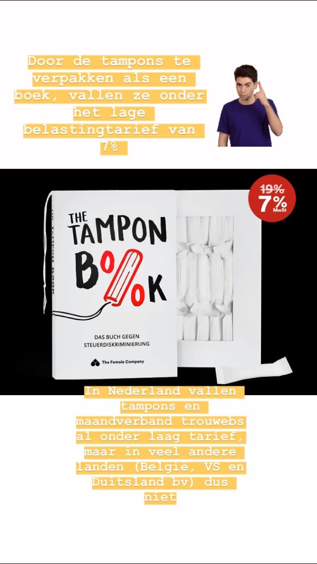 Nieuwe vormen van #feminisme richten zich op alledaagse praktijken. Zoals dit Tamponboek van @thefemalecompany die op briljante wijze het hoge belastingtarief in Duitsland op tampons omzeilt door ze te verpakken als boek