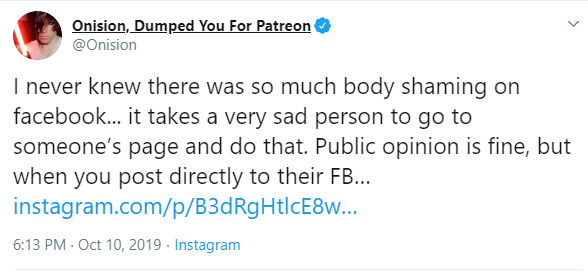 OnisionList's tweet photo. Onision then claiming he is getting backlash about body shaming unfairly https://t.co/V9nALTxNXF
