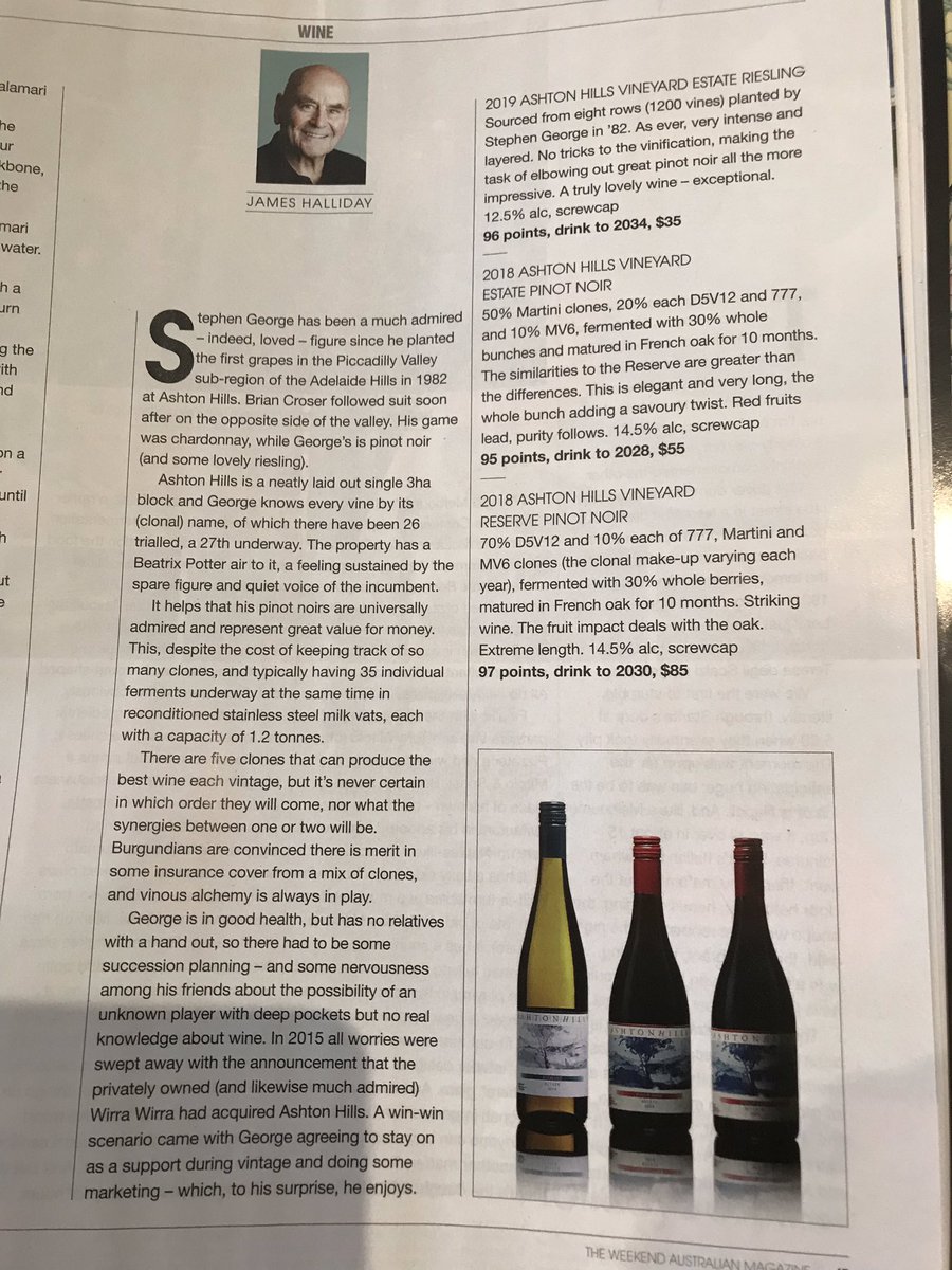 Nice article in <a href="/australian/">The Australian</a> this weekend by James Halliday on Ashton Hills, a lovely Pinot from the Adelaide Hills @wirrawirrawines <a href="/craig_chap29/">Craig Chapman</a>