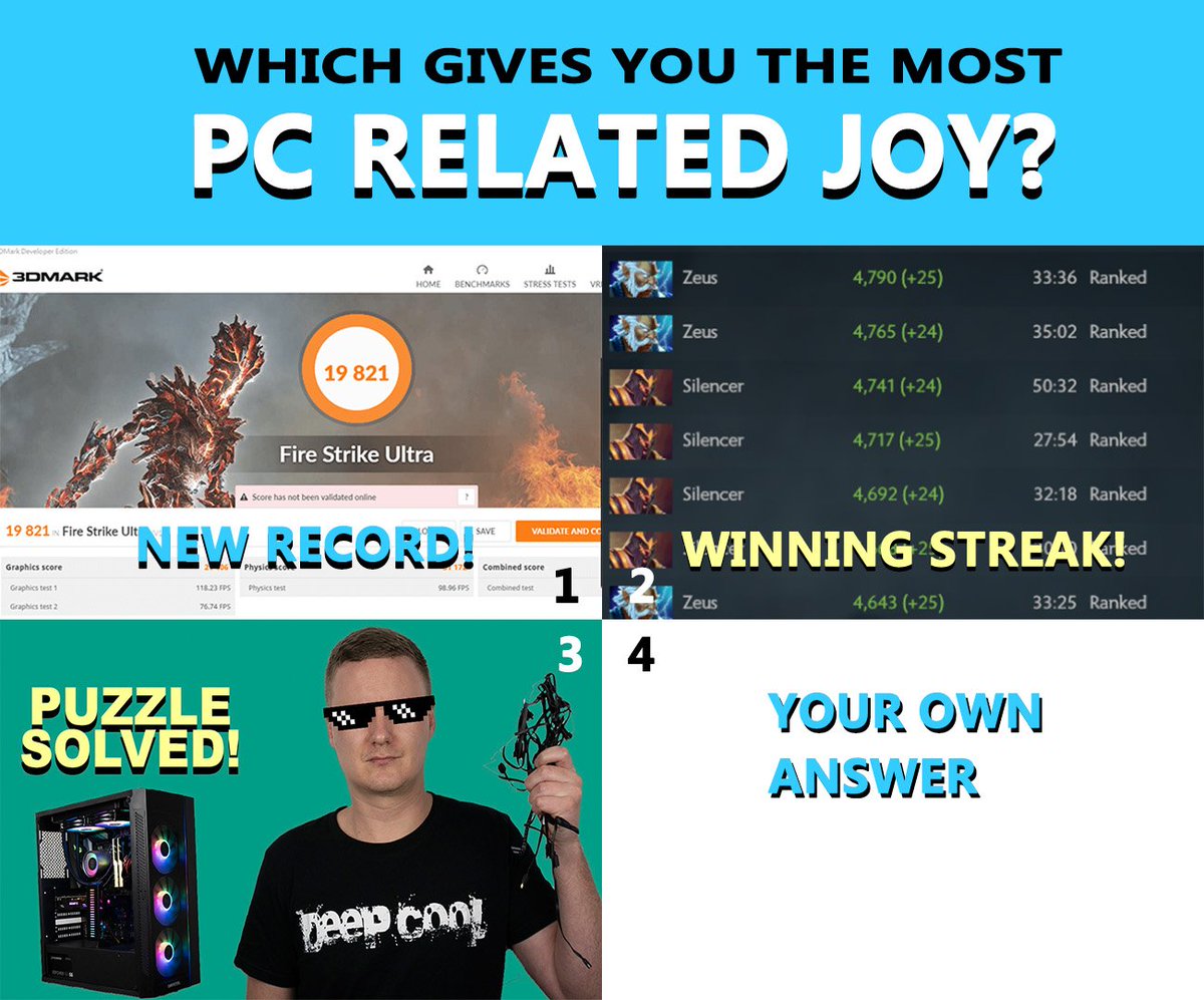 Deepcoolglobal's tweet photo. Which is most joyful for you?
1. Hitting a new stress test record
2. Having a winning streak in your favorite game
3. Successfully trouble shot a problem in your PC
4. Your own answer.
#PC #FUN #PCFUN #newrecord #winning https://t.co/6xLZZDAAFe