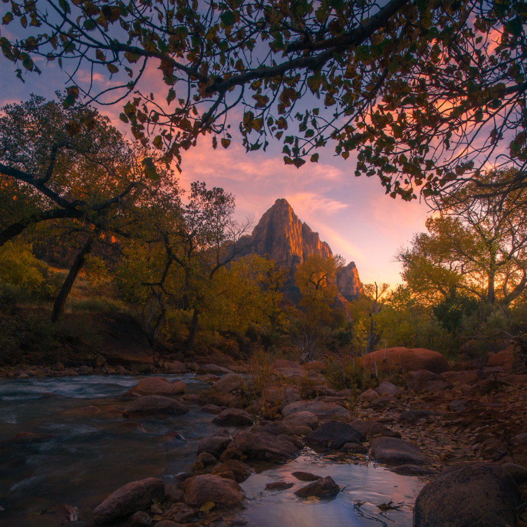 A narrow stream flows under fall colors trees with a red rock mountain in the background under a colorful sunset sky.