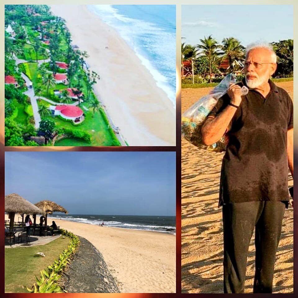 VishakhCherian's tweet image. The beach &quot;cleaned&quot; by Modi z the beach adjoining the luxury seaside resort Taj Fisherman&apos;s Cove. The beach is maintained immaculately by the Taj. Also, before the bilateral informal meet between Modi&amp;amp;Xi, an additional cleaning mission&amp;amp;security combing was done in the whole area.