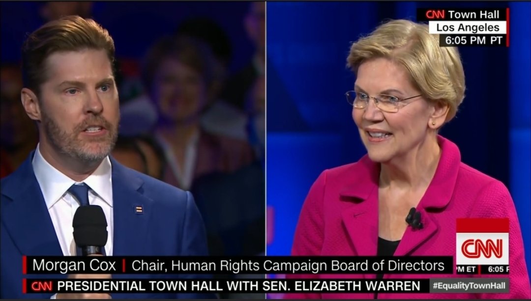 KweenInYellow's tweet image. Meet Morgan W. Cox III, a real estate developer at the Marquis Group, board member of the Human Rights Campaign, and long time donor to Elizabeth Warren.

What are the chances this viral moment was pitched to Warren&apos;s campaign in advance?