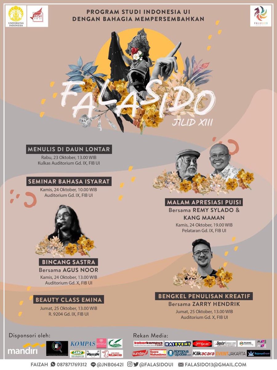 Dalam rangka memperingati bulan Bahasa Indonesia, Program Studi Indonesia UI dengan bangga mempersembahkan:
Falasido UI Jilid XIII dengan tema “Warna-Warni Kita Pembentuk Identitas Bangsa”

23-25 Oktober 2019
@ FIB UI

Info:
<a href="/FalasidoUI/">Falasido UI Jilid XIX</a>
