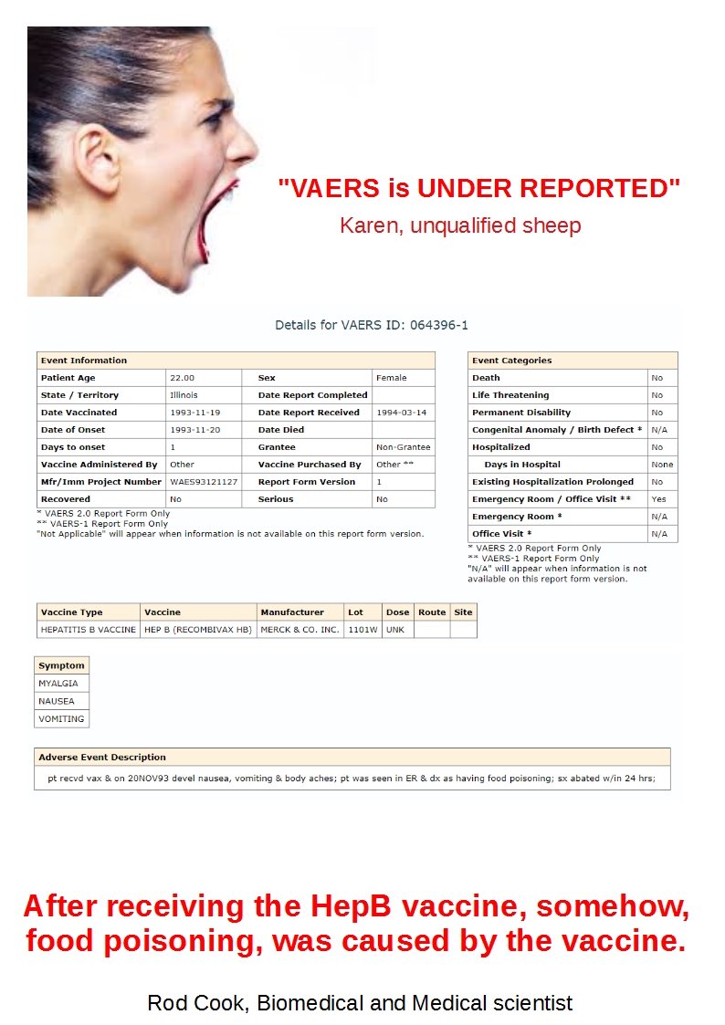 IsCoolScience's tweet photo. Apparently, according to AntiVaxxers, it’s Vaccine Injury Awareness month.
In keeping with this theme, here’s a VAERS vaccine injury, 064396-1, a vaccine injury, HepB vaccine causing food poisoning.
#VaxInjury #VaccineInjuryAwarenessMonth #WillShe #Vaxxed #Highwiretalk https://t.co/dOOX3WITAC