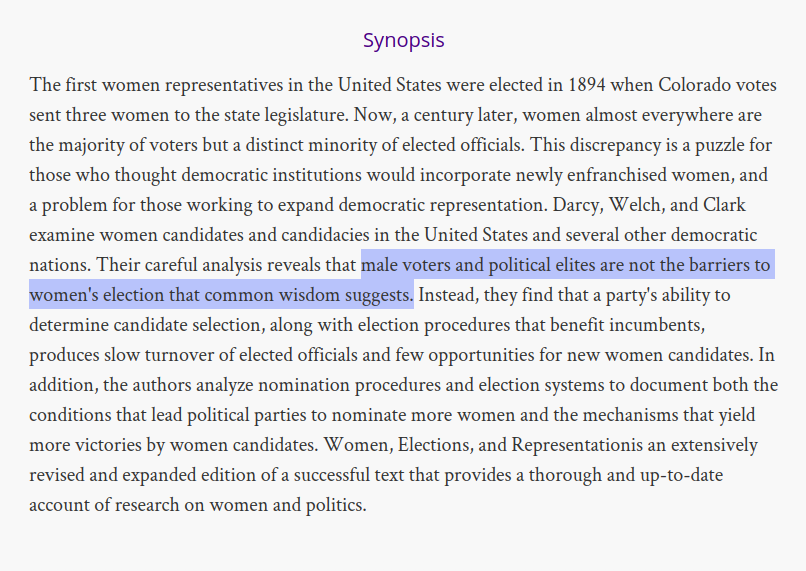  Do mesmo modo, no que diz respeito a eleições, as mulheres tendem a preferir mulheres para ocupar cargos governativos. Os homens são indiferentes ao sexo dos candidatos a governantes. https://www.questia.com/library/3753860/women-elections-representation