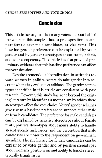  Os estereótipos de género e as eleições:Votantes, independentemente do sexo, preferem homens para lidar com questões relacionadas com Economia, Segurança e Política Externa; e preferem mulheres para lidar com a Saúde, Educação e Segurança Social. https://genderandpolitics.files.wordpress.com/2010/10/sanbonmatsu_2002.pdf