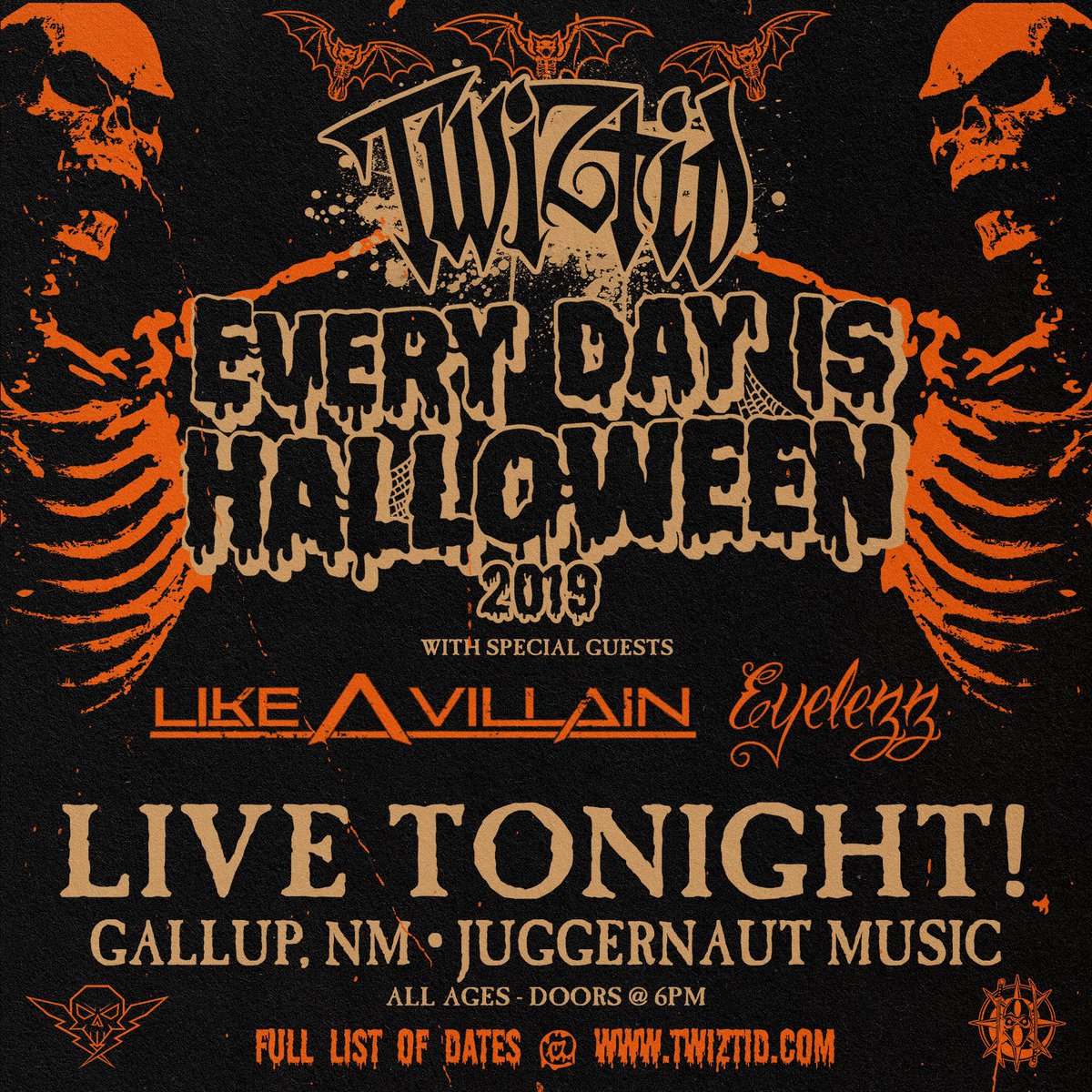 majikninjaent's tweet photo. #everydayishalloween hits the #juggernautmusic in Gallup, NM TONIGHT!!!
@tweetmesohard are bringing that #halloween flavor to you ๐
#majikninjaentertainment #underground #mne2019 #twiztid #livemusic https://t.co/kPLvqoQ9zT