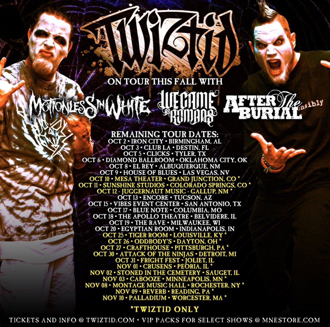 majikninjaent's tweet photo. #everydayishalloween hits the #juggernautmusic in Gallup, NM TONIGHT!!!
@tweetmesohard are bringing that #halloween flavor to you ๐
#majikninjaentertainment #underground #mne2019 #twiztid #livemusic https://t.co/kPLvqoQ9zT