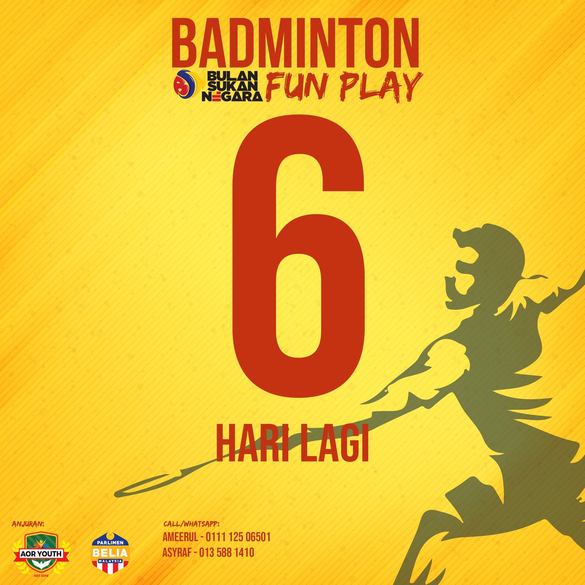 6 HARI LAGI!!!!

Jom cepat join event badminton pertama berkonsepkan fun play!!

#youthpower #apbmkedah #bulansukannegara2019 #bulansukannegara #AORYouth