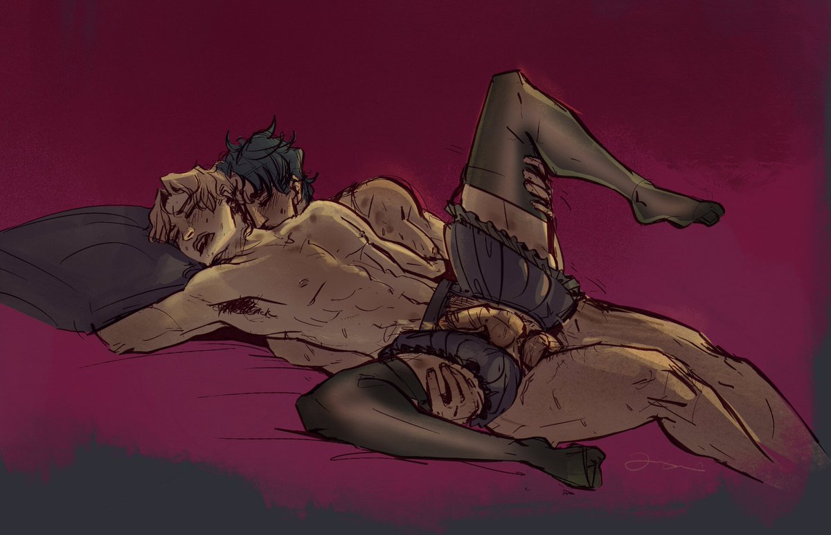 artkinksky's tweet photo. #jonadio commission for @cake_plush who’s been nothing but lovely and told me to do what i wanted to as long as jonathan got to top 👀

my brain went for the corset/crotchless bloomers combo on dio that its been holding onto for ages 🥰♥️

#jonadioweek #djdweek #nsfw https://t.co/YowK2P746t