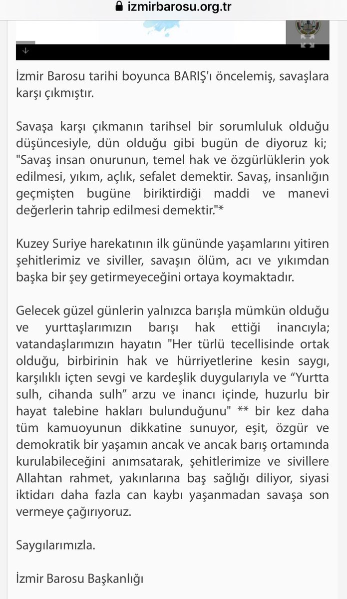 1945 de Türkiye'nin imzaladığı BM ant.51.maddesi; üye ülkelerden birisi saldırıya hedef olursa meşru savunma hakkını kullanır.
Biz 40 yıldır saldırıya uğruyoruz. İzmir Barosu
başka ülkede ise o başka!!!!
#Barispinarihareketi 
#Tsk
#TurkishArmyForThePeace