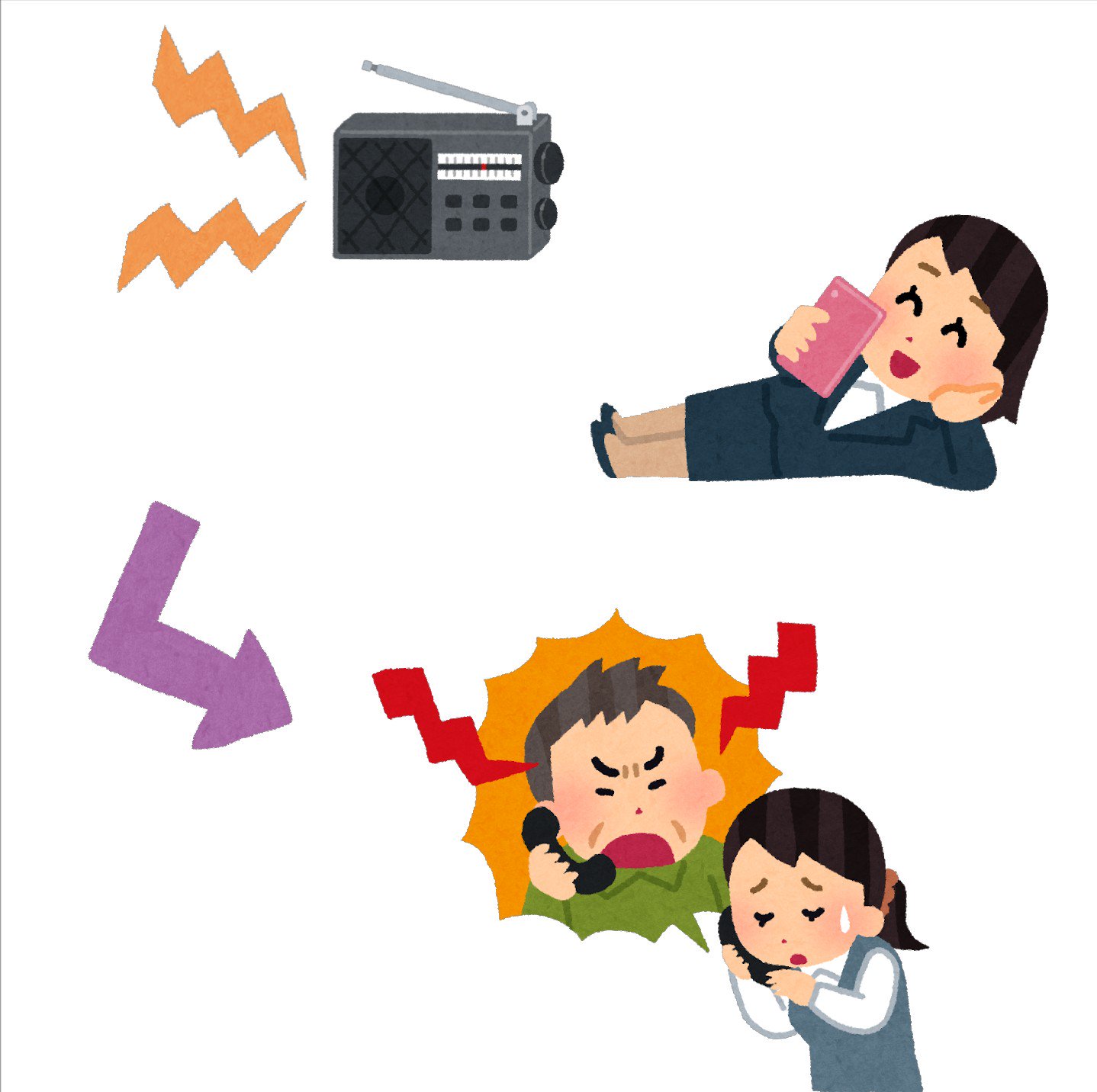 まいチクをいらすとやで再現 Dayukoume 再現難易度 使ったイラスト 5枚 ラジオのイラスト 天気のアイコン 雷 寝転がってスマホを使う人のイラスト 女性会社員 矢印のイラスト 直角 クレーマーのイラスト まいにちチクショー T Co