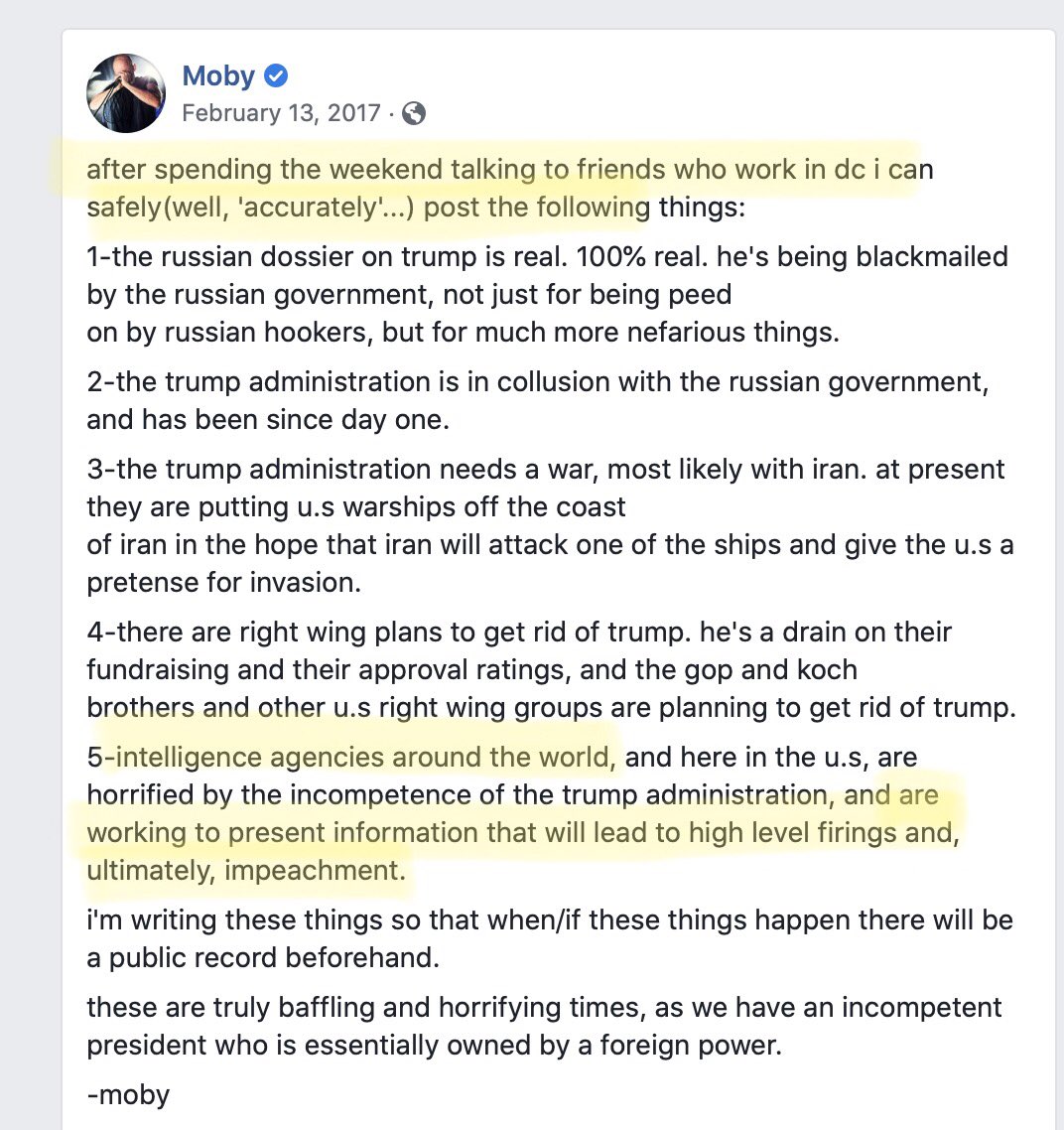 1. A story that once seemed insane but now seems absolutely plausible: how  @AdamSchiff  @CIA  @FBI used Moby and a drug-addicted, Ukrainian musician/hacker in the planned coup against  @POTUS. 2/17 Moby said (among other things) foreign intel were working together to Impeach Trump