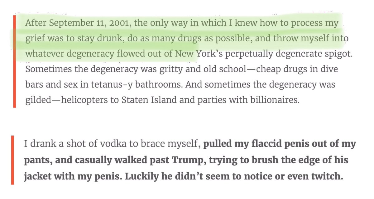 7. He released a book claiming he was so depressed about 9/11 he abused alcohol and drugs, had sex in dive bar bathrooms AND of all things “pulled his flaccid penis out” and brushed it against  @realDonaldTrump (that’s sexual abuse btw)