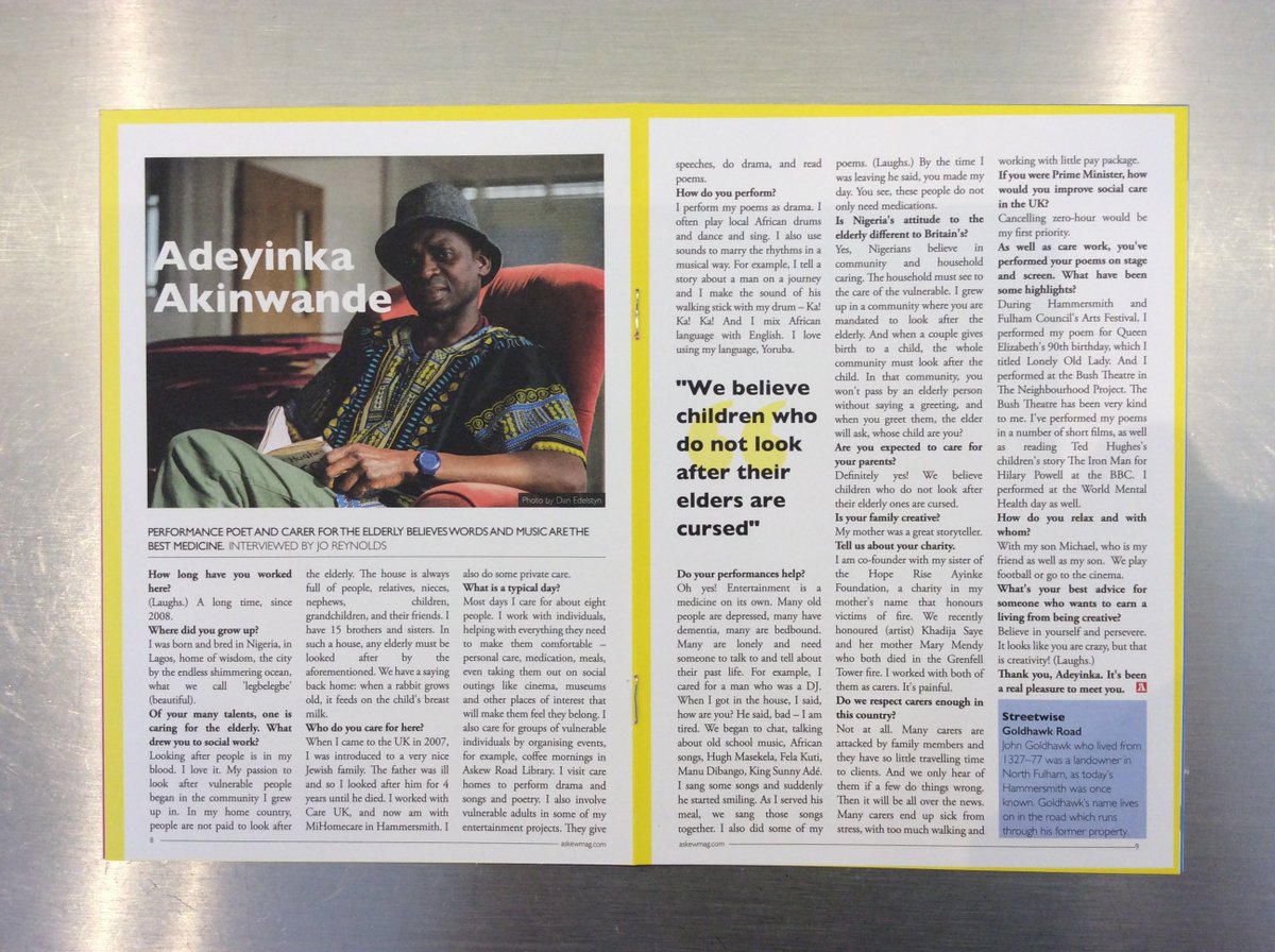 Meet another talented #W12 neighbour, Adeyinka Akinwande, the performing poet who cares for the elderly with African music and dance, in the new issue available free from cafes, pubs and shops on #AskewRoad or online askewmag.com/adeyinka.htm