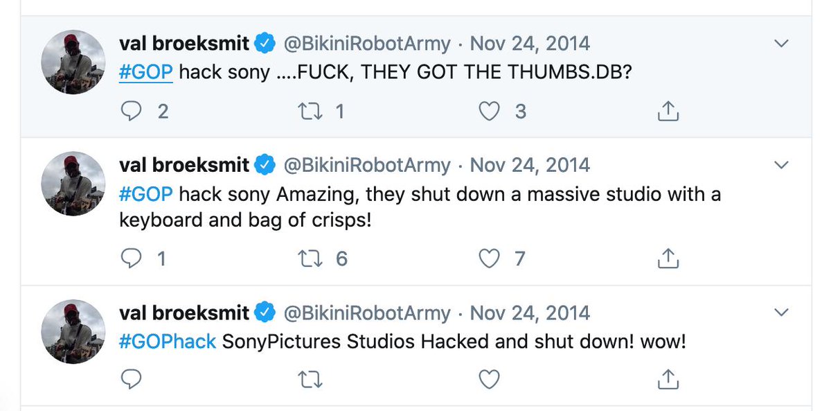 11. Here is what makes Val particularly interesting (other than him being born in the Ukraine) the same year his father died HE was one of the very first to announce the Sony Hack (November 24th, 2014) in a series of 3 tweets then he didn't say a word for another week.